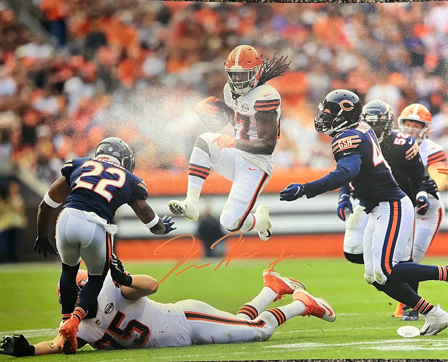 Cleveland Browns Kareem Hunt Jumping Over Signed 16x20 with JSA COA