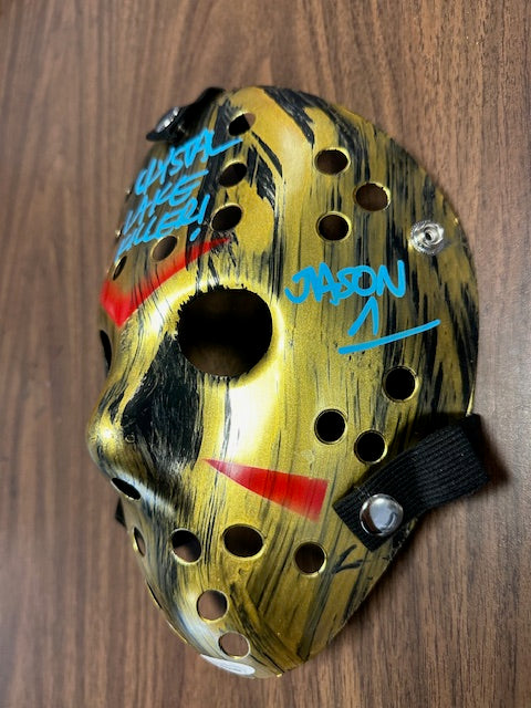 Ari Lehman Signed/Inscribed 'CRYSTAL LAKE KILLER" Gold Mask with JSA COA