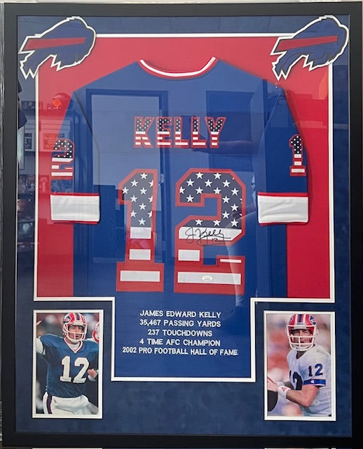 Buffalo Bills Jim Kelly Signed Framed Stat Jersey with JSA COA