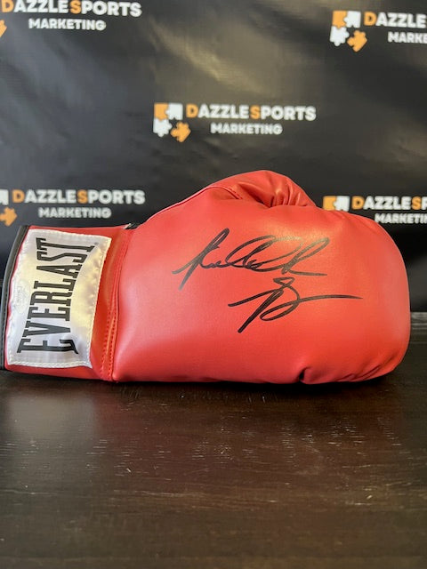 Riddick Bowe Signed Red Boxing Glove with JSA COA