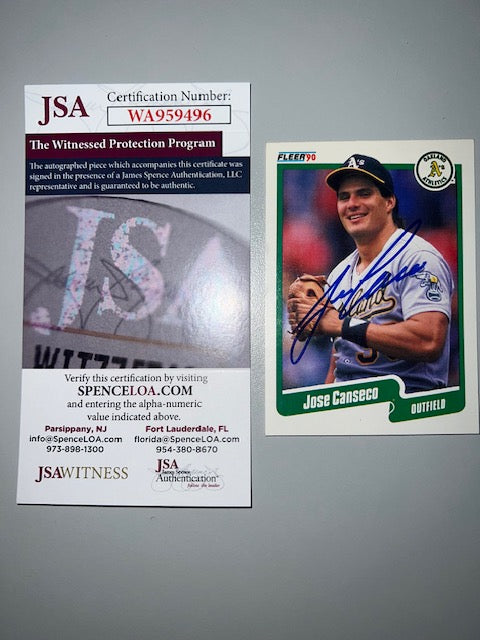 Oakland A's Jose Canseco Signed Fleer 90 Card with JSA COA