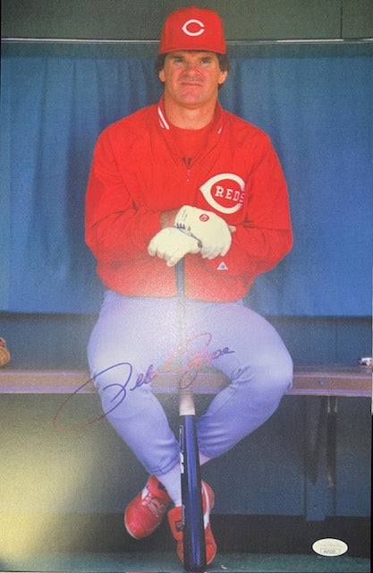 Cincinnati Reds Pete Rose Signed 11x17 Sitting with JSA COA