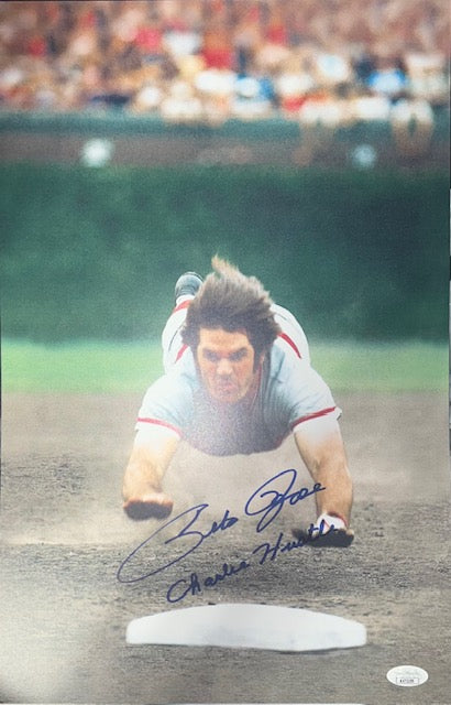 Cincinnati Reds Pete Rose Signed/Inscribed 11x17 Diving with JSA COA