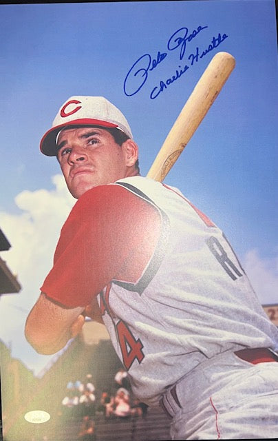 Cincinnati Reds Pete Rose Signed/Inscribed 11x17 Batting with JSA COA