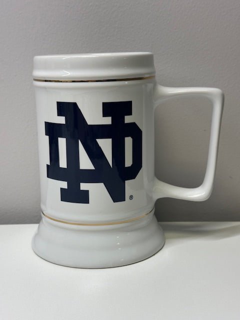 University Notre Dame Stein- White w/ Navy Blue Logo Gold Trimming