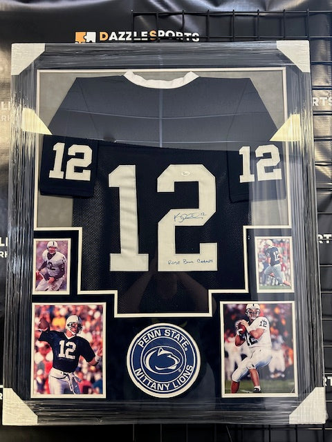 Penn State Kerry Collins Signed/Inscribed Framed Jersey w/ Suede JSA COA