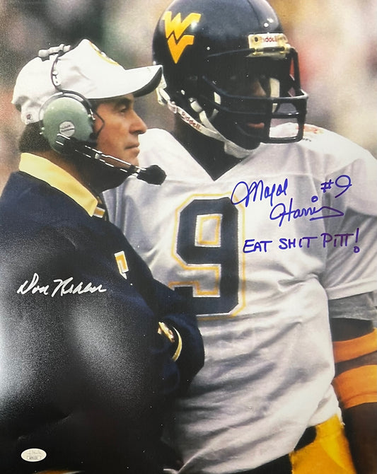 Major Harris & Coach Don Nehlen West Virginia Mountaineers Signed/Inscribed 16x20 JSA COA