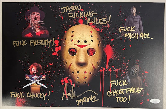 Ari Lehman Signed/Inscribed 11x17 "JASON FUCKING RULES" "FUCK GHOSTFACE TOO" *Gold Ink* with JSA COA