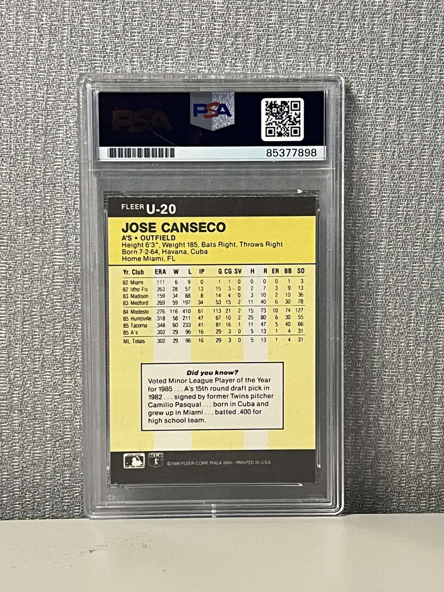 Topps Jose Canseco 20T Signed Authentic Card PSA