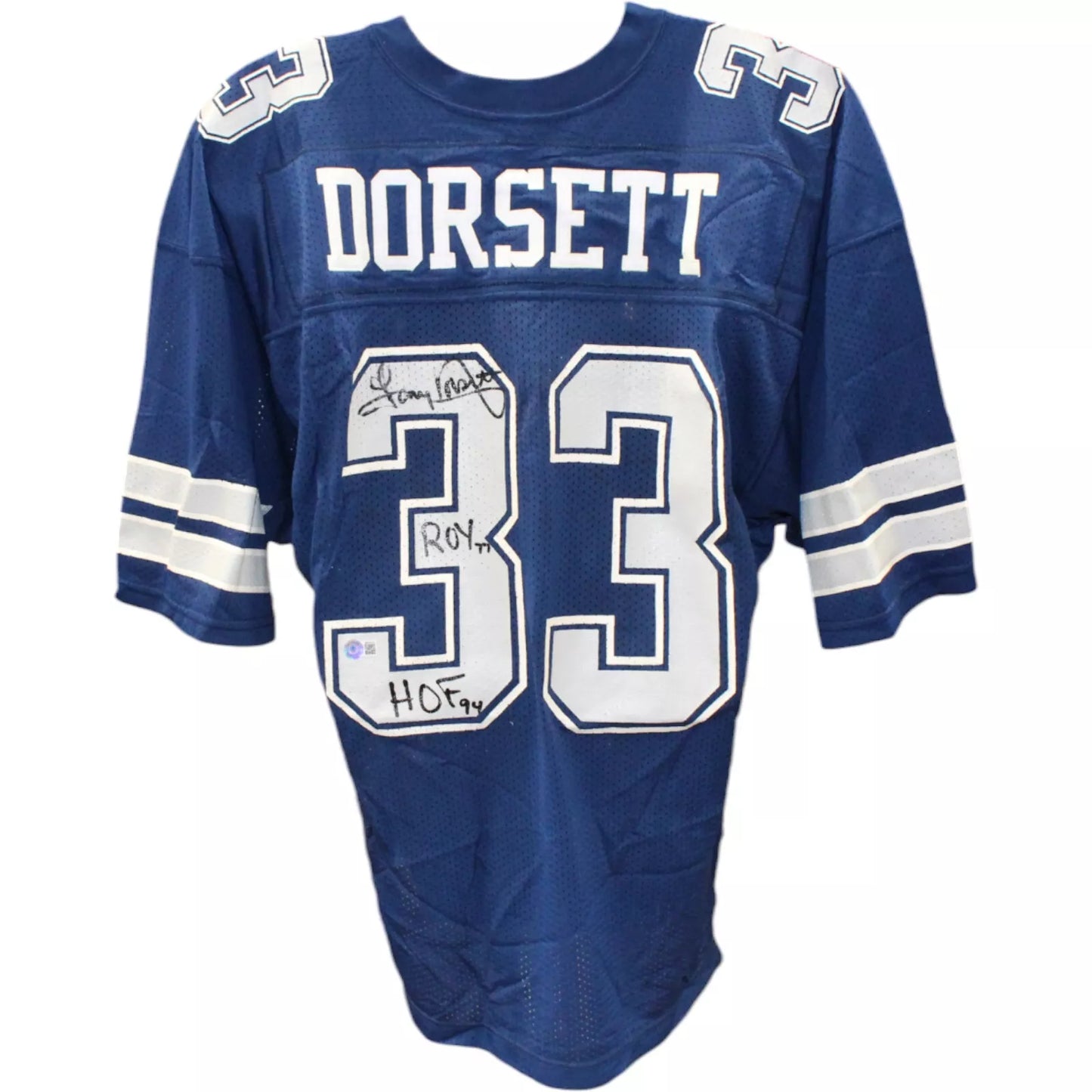 Tony Dorsett Signed Dallas Cowboys Russell Blue 48 Jersey 2 Insc BAS