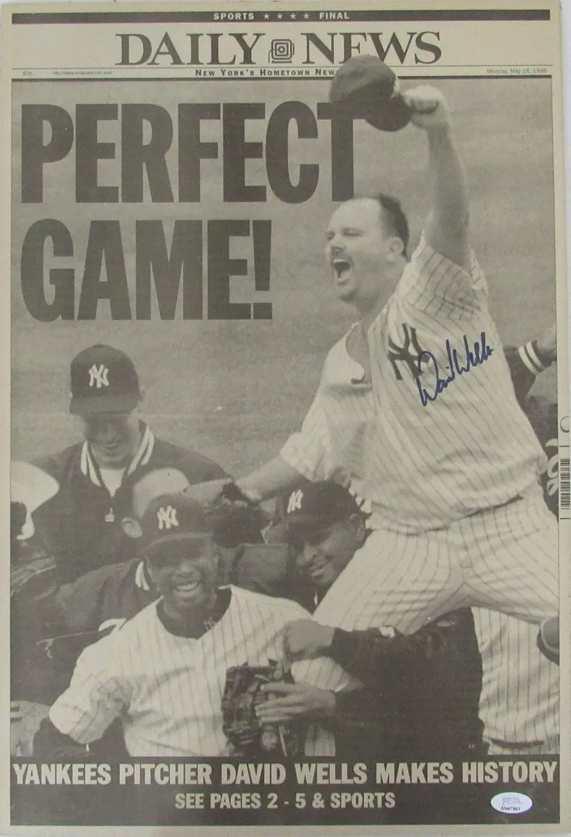 David Wells Signed 16x20 Newspaper Photo 1998 Perfect Game Yankee PSA/DNA