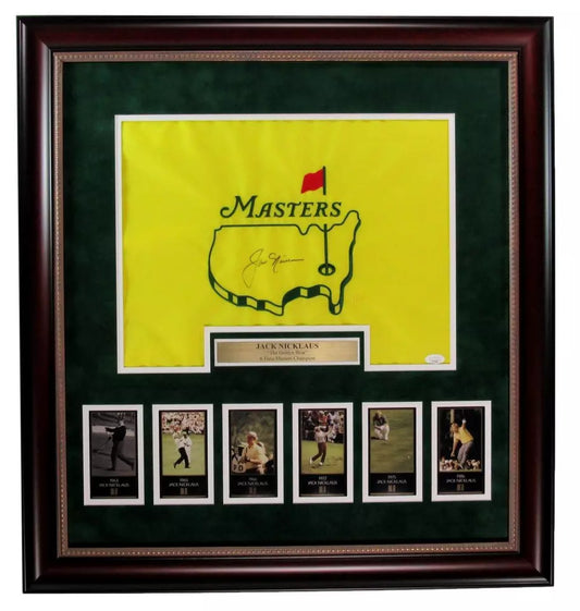 Jack Nicklaus Signed/Auto Masters Pin Flag w/ Card Collage Framed JSA