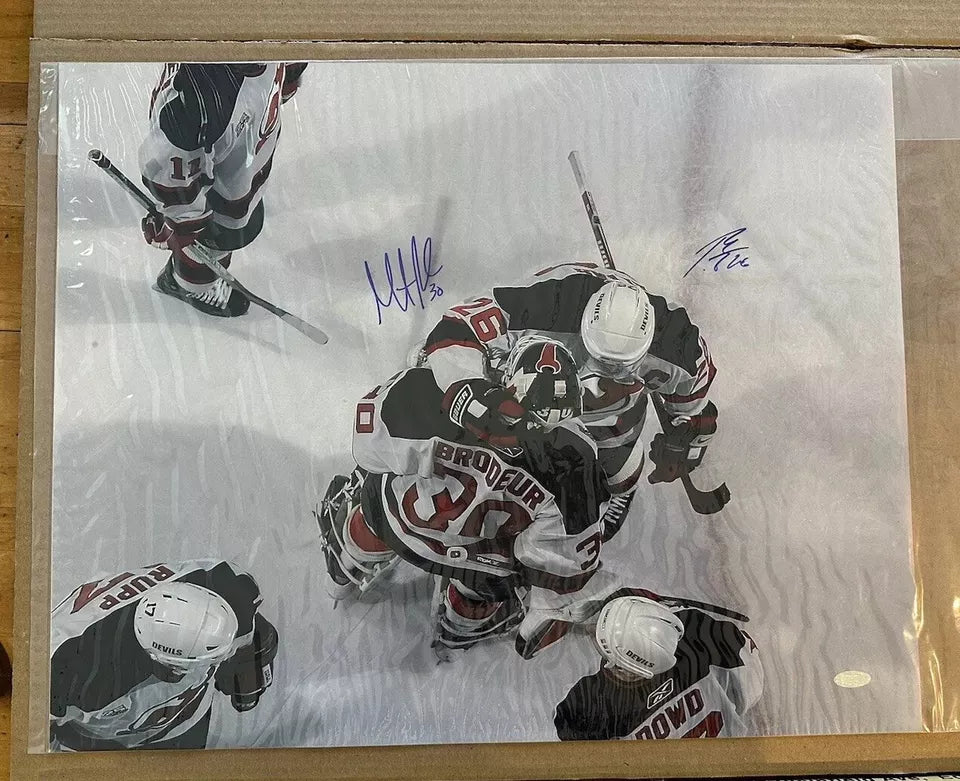 Vintage NHL NJ Devils-SIGNED -Martin Brodeur & Patrick Elias- 16”x20”-“Hug”Photo