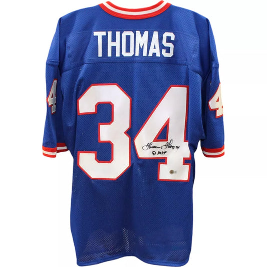 Thurman Thomas Autographed/Signed Pro Style Blue XL Jersey 91 MVP Beckett